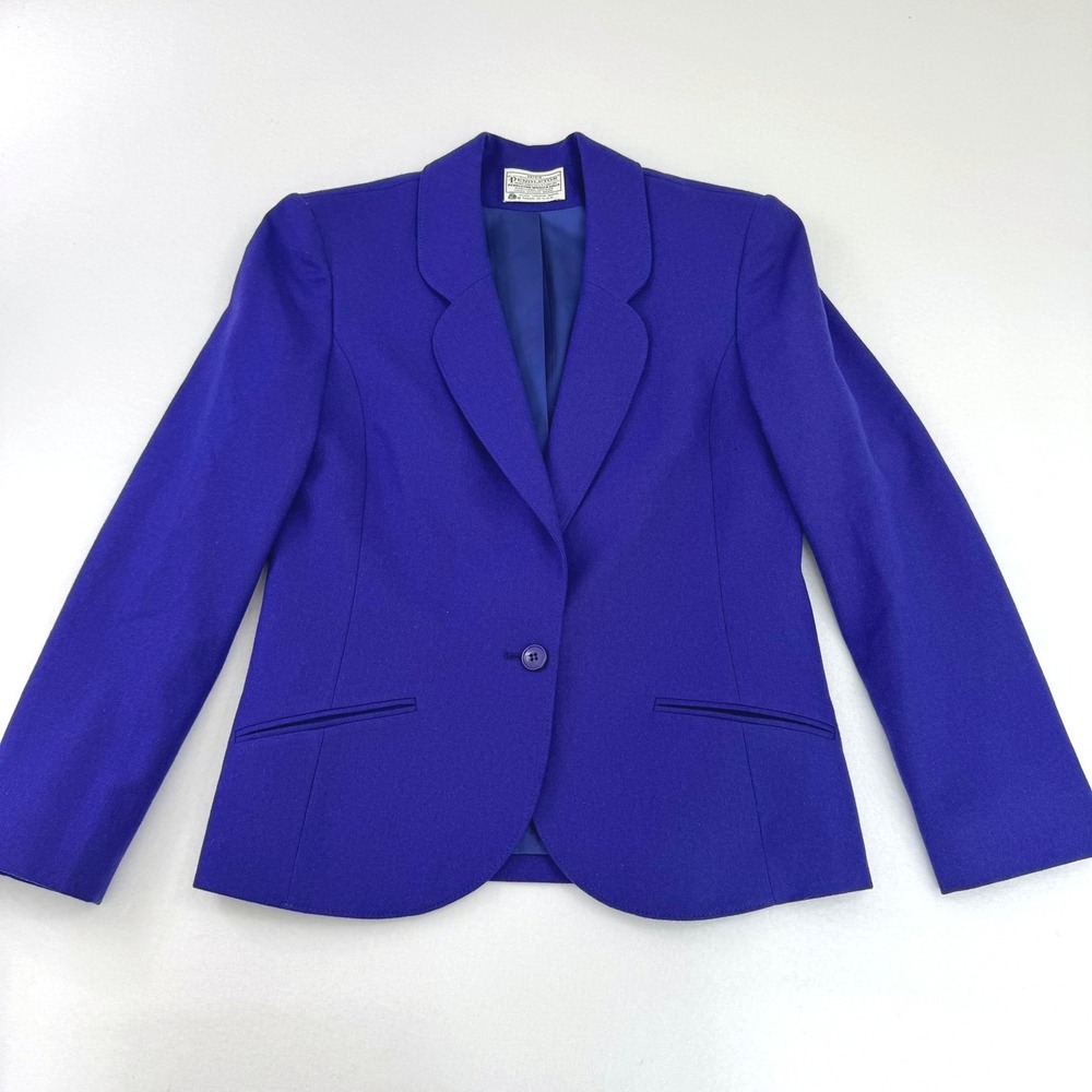 Vintage Miss Pendleton Wool Blazer Cobalt Blue Single Button Jacket Size 8 USA